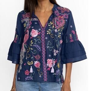 Johnny Was Ashlee Ruffle Sleeve Floral Embroidered Blouse in Navy Multi Sz M